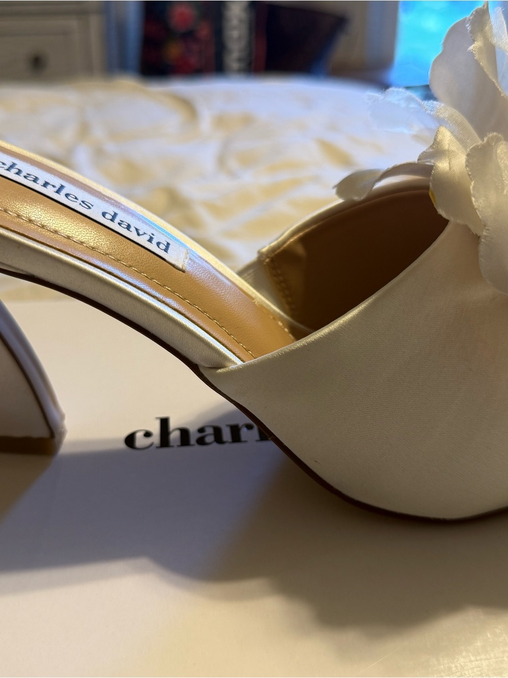 Ivory Satin Floral Slide Mules - Picture 6 of 9